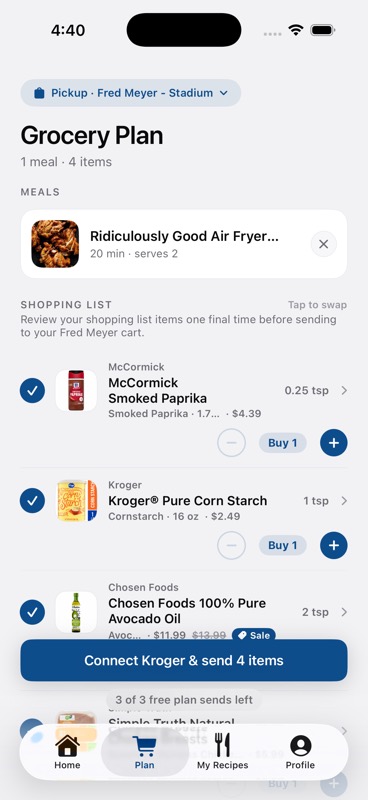 KartChef Grocery Plan screen
