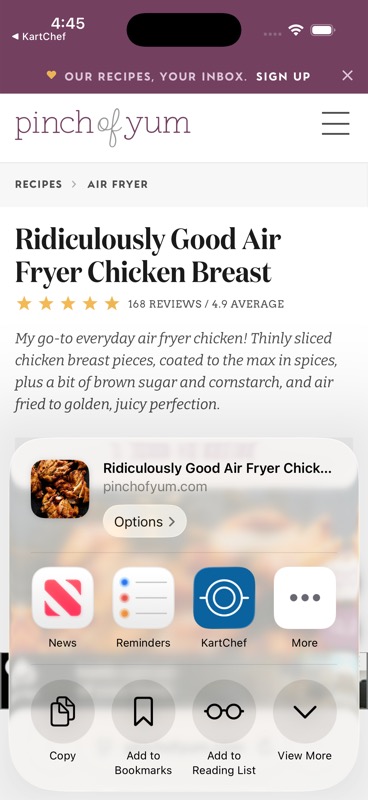 Sharing a recipe page into KartChef from the iOS share sheet